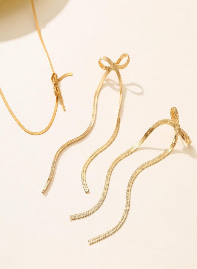 Yewkit Bow Dangle Choker Necklace Set for Women Long Tassel Chain Earrings Dainty Gold Snake Chain Necklace Wedding Prom Fashion Jewelry Set Gifts - Image 2